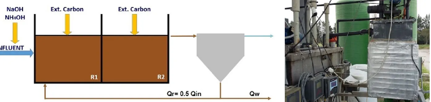 Figura 3.29 Schema di flusso configurazione 2 e reattore per condizionamento dell’influente