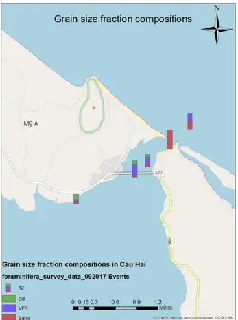 Figure 13 - Grain size fraction  compositions in samples from the Cau  Hai inlet (Thua Thien Hue Province) 