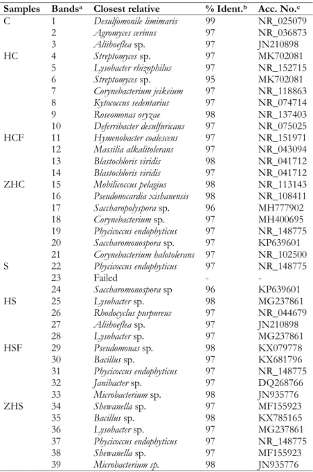 Table 4.2.2.  Sequencing results of the bands excised from the DGGE gel obtained from the amplified fragments of bacterial DNA extracted directly  from the analyzed samples