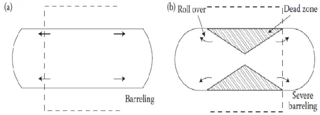 Figure 3.1: (a) slight barreling as a result of light friction which hinders 