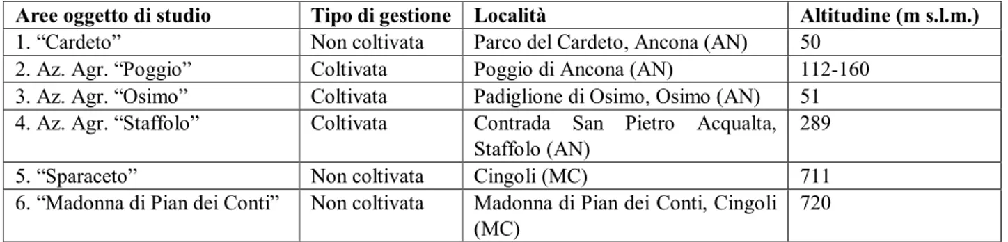 Tab. 3.1: elenco delle stazioni fenologiche considerate. 