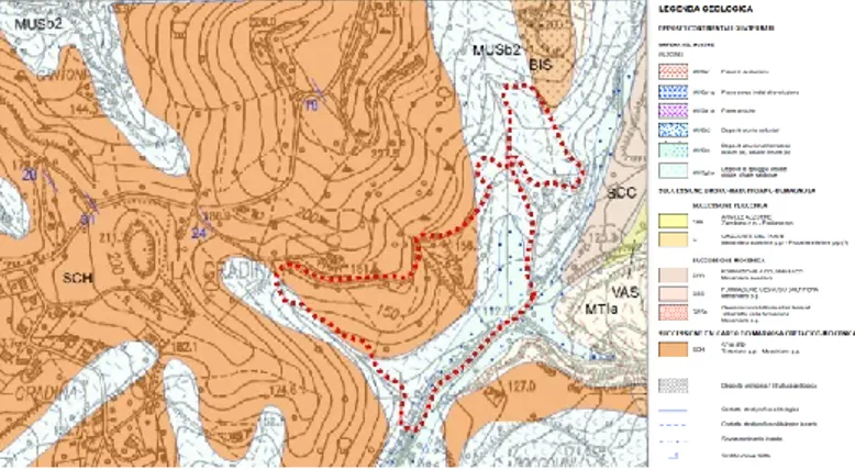 Fig. 3.17: particolare della carta geologica regionale 1:10000 della Regione Marche con i confini (linea tratteggiata rossa)  dell’az