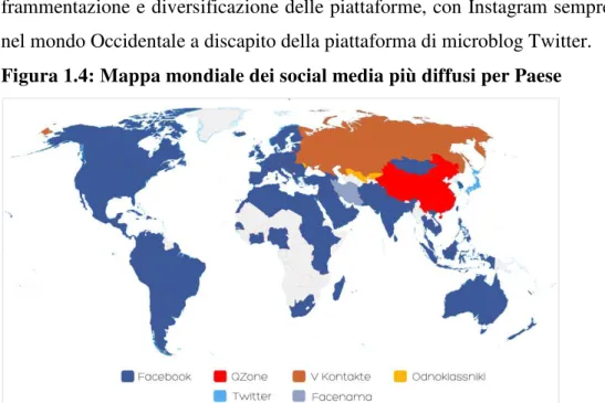 Figura 1.4: Mappa mondiale dei social media più diffusi per Paese 