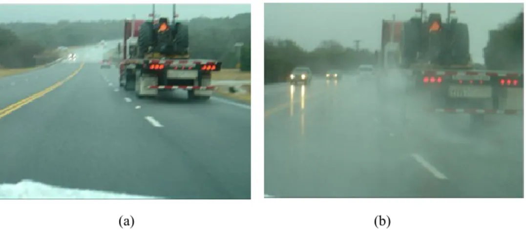 Figure 1.3: Spray effect during wet weather in case of PA mixtures (a) and conventional  dense-graded mixture (b)