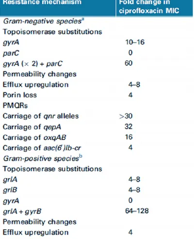 Table 1.3 Impact on susceptibility to ciprofloxacin of different resistance mechanisms  (Redgrave et al., 2014) 