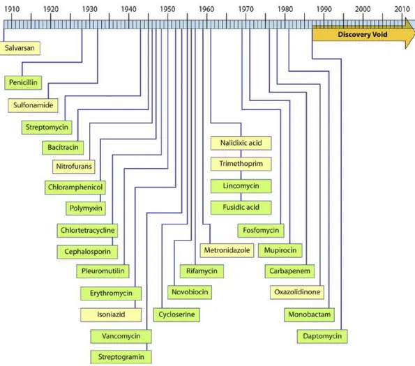 Figure 1.7 Timeline of antimicrobial drug discovery and illustration of the “discovery  void.” Years indicated are those of reported initial discovery or patent (Silver, 2011)