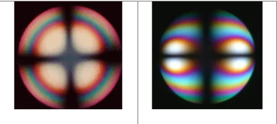 Fig. 1. 7 Fringe patterns carried out by means of polarized microscopes in conoscopy configuration (diverging light)  observing anisotropic media