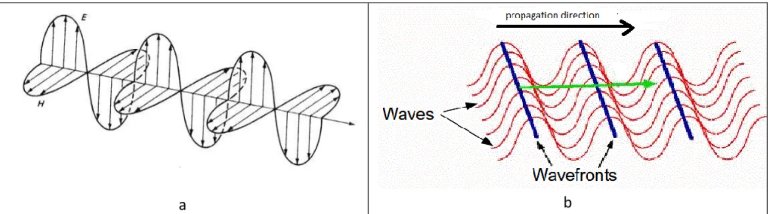 Fig.  2.  1-  Electromagnetic  wave  representation  (a)  as  the  oscillation  of  E,  electric  field,  and  H,  magnetic  field,  in  phase and mutually orthogonal