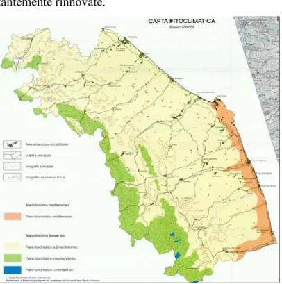 Figura 1-Carta fitoclimatica delle Marche. Il colore arancio rappresenta il  Piano  Bioclimatico  Mediterraneo