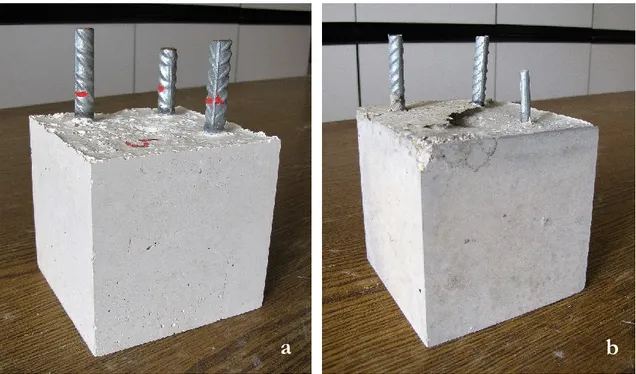 Figure 5-2. Concrete specimens produced from white (a) and grey (b) cement, withdrawn from molds 