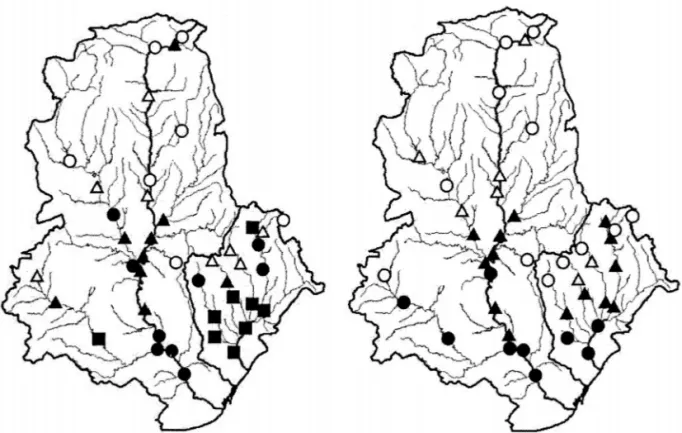 Figure 2. Biological quality of Besòs and Llobregat basins in 1979-80 (upper part) and in 2003-05 (lower part)