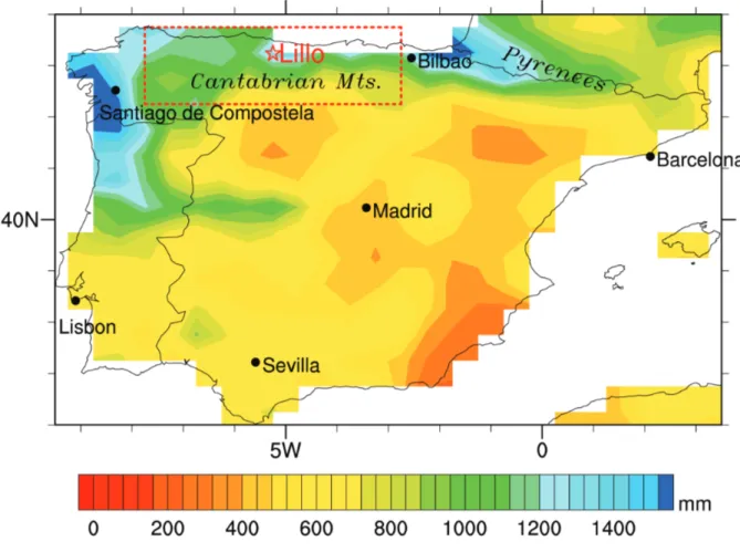 Fig. 1. Mean observed annual precipitation (mm) in the Iberian Peninsula for the period 1901–2002: The Lillo study site (star) and other key locations are indicated