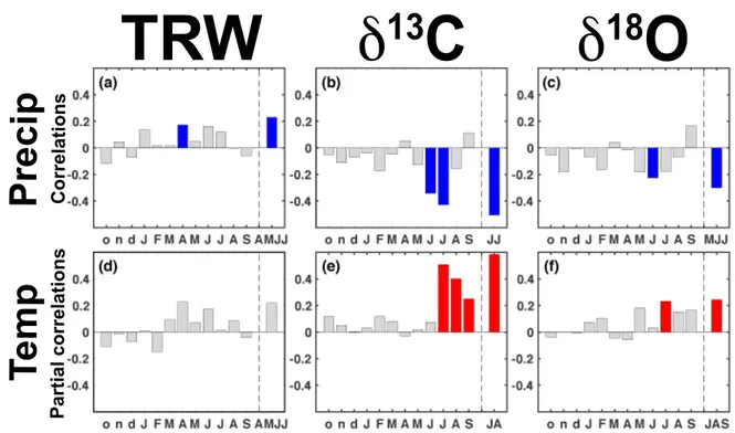 Fig. 2. Correlations for monthly precipitation and partial correlations for temperature, both from October in the previous year to September of the current year for the period 1925–2002 with tree-ring parameters for (left) TRW, (middle) δ 13 C, and (right)