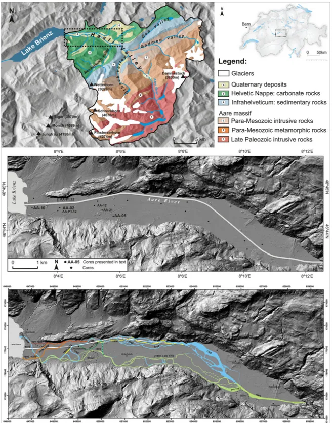 Figure 1. Geology of the Hasli–Aare catchment and digital terrain model of the Aare Delta plain in the lower Hasli Valley showing the