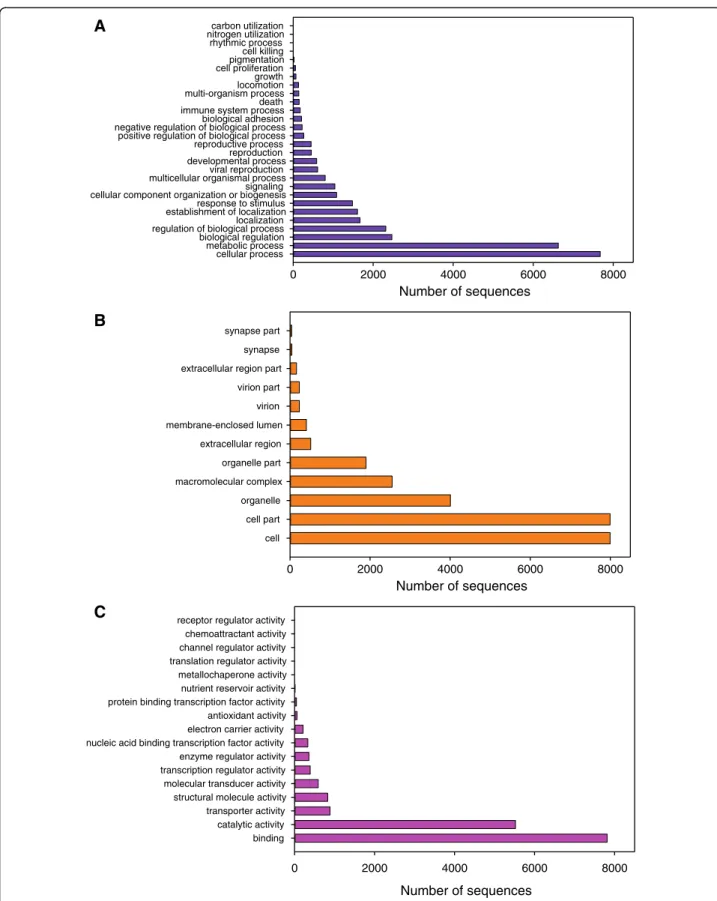 Figure 4 Second level Gene Ontology assignment of sequences in Turbot 3 database. A) Biological process; B) Cellular component and C) Molecular function.