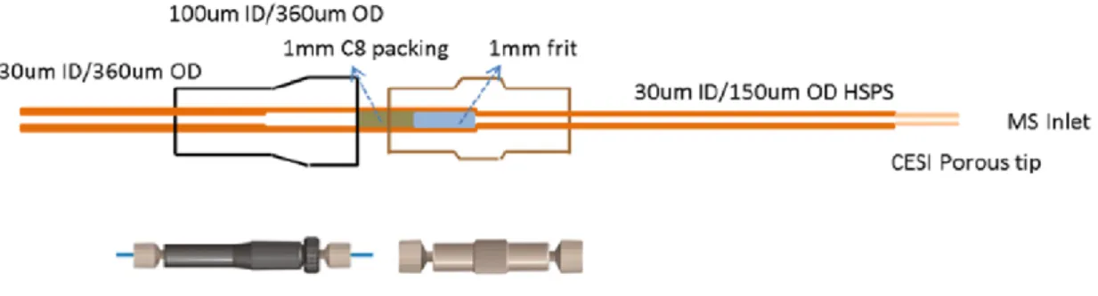 Figure 4 Double-frit microcartrige (C8 particle size ~ 5 µm, 1 mm L T  packing x 100 µm i.d