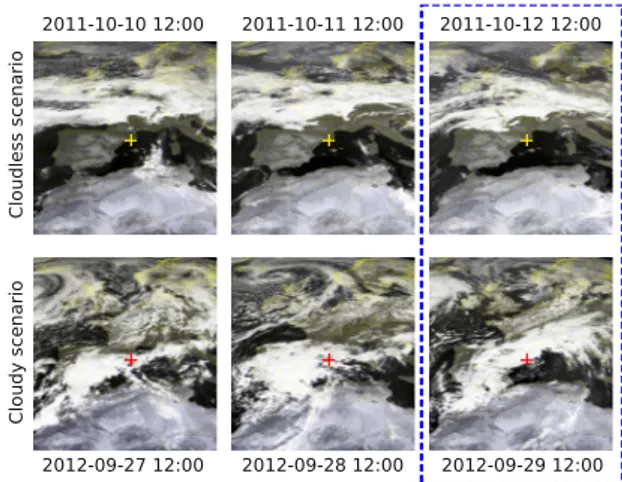 Figure 2. METEOSAT images in the visible channel showing the cloud cover for the simulated days
