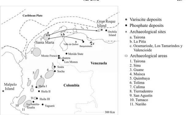 Figure 7. Possible routes of variscite exchange in the southern Caribbean region (modified after Langebaek 2003:Figure 1) with indication of location of variscite and phosphate deposits (Appleton and Notholt 2002; INGEOMINAS 1978).
