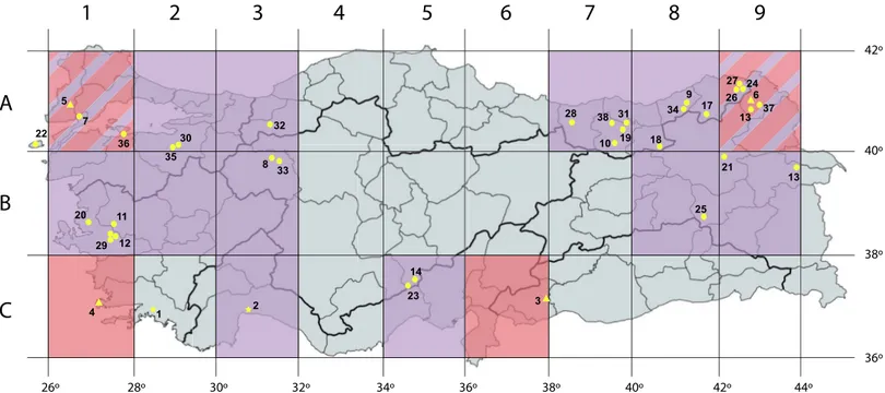 Fig 1. Map of Turkey with the grid system classifying the different districts as it appears in the Flora of Turkey [ 25 ]