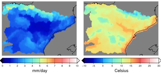 Figure 3. Average precipitation (left) and temperature (right) for the hydrological year 2009/2010 in the Northeast of the Iberian Peninsula