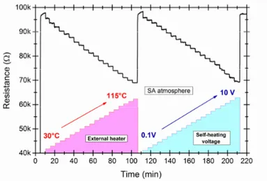 Fig. 2. Transient resistance signal of a CNFs sensor driven by an external heater and self-heating, measurement performed with SA atmosphere