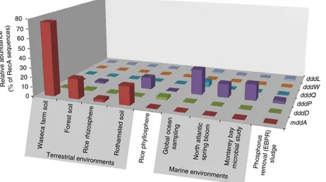 Figure 4 | Comparison of normalized values of mddA and dddDPQWL sequences in different environmental metagenomes