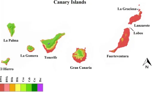 Figure 1. Köppen–Geiger climate classification of the Canary Islands, modified from State Meteor- Meteor-ological Agency of Spain [26]