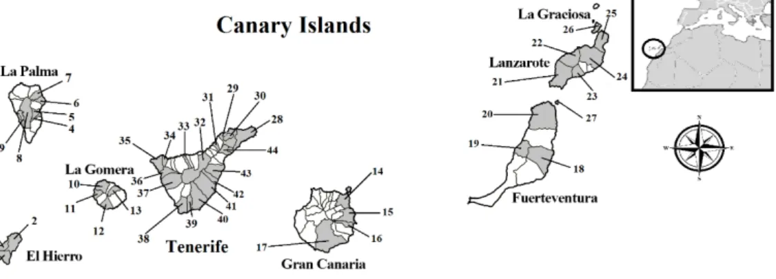 Figure 2. Map of the rodent sampling locations in the Canary Islands. The municipalities analyzed are shaded in gray
