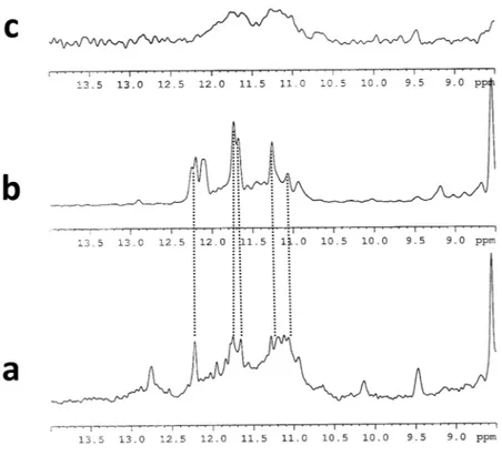Figure 9.  Imino proton region of  1 H NMR spectra of (a) SMG03, (b) SMG03T11 and (c) SMG03T6 at 25 °C, 