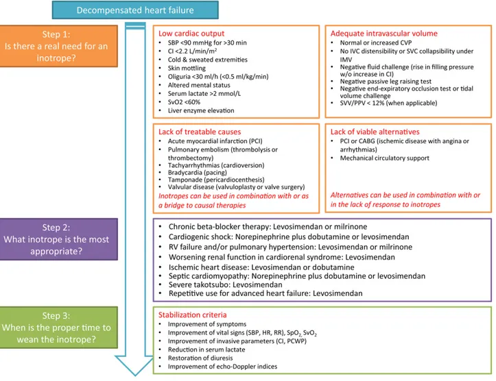 Fig. 3 provides a practical approach to the three main steps required for the optimal use of inotropes in HF, namely (i) the identi ﬁcation of the right patient, (ii) the choice of the proper inotrope and (iii) the de ﬁnition of the adequate weaning time.