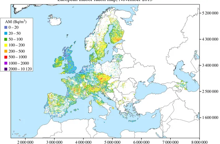 Figure 1. European indoor radon map, November 2015. The map shows arithmetic means (AM) over 10 10 km cells of long-term radon concentration in ground floor rooms