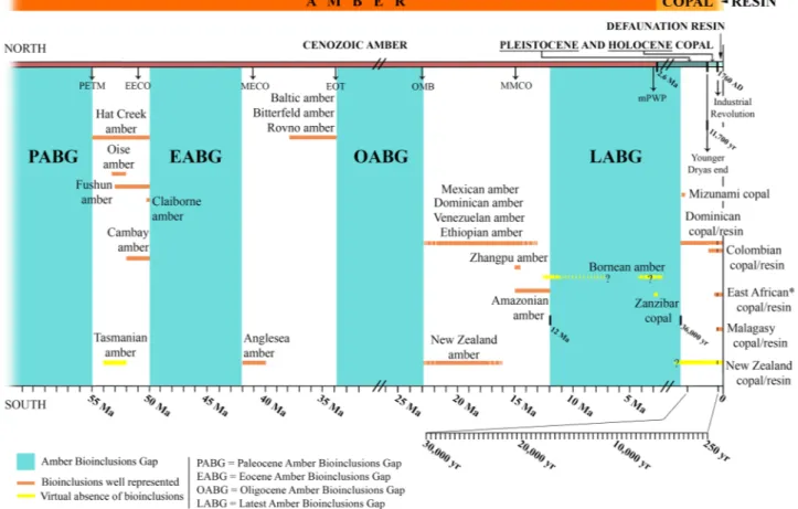 Figure 2.  Representation of the Amber Bioinclusions Gaps (ABGs) during the Cenozoic, including the Latest 