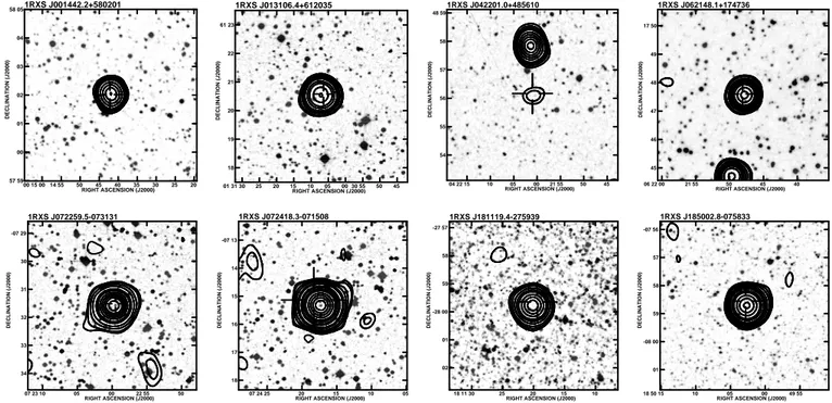Fig. 1. Optical, radio and X-ray composition of Group 1 sources. The NVSS radio contours are overlaid on the 6 ′ × 6 ′ optical DSS1 images, whereas the open crosses denote the 3σ RBSC astrometric errors.