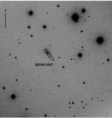Fig. 26. IRAS 06249−1007: Close-up of the CAHA image through the Hα (top) and [S II] (bottom) filters showing the field centered on the IRAS source The stars of the IR cluster reported by Tapia et al