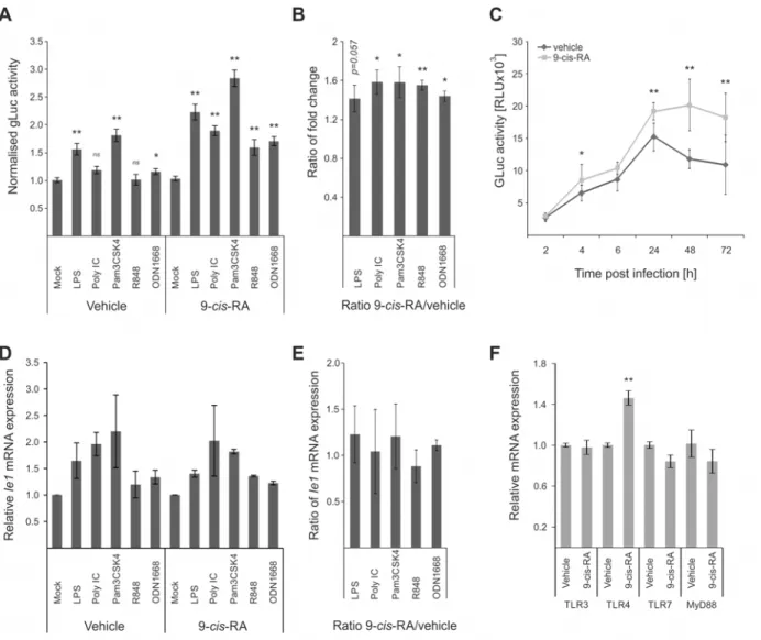 Fig 6. Retinoic acid pre-treatment increases effect of TLR ligands on IE-gene expression