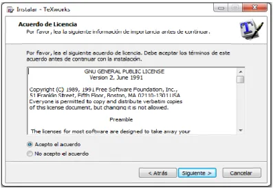 Fig. 5.2.3 - Pantalla de licencia de instalación de TeXworks 