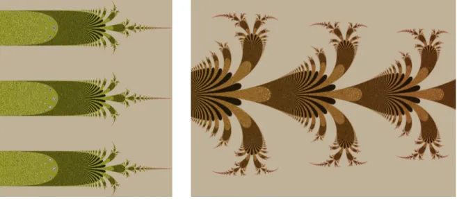 Figure 1. Left: The dynamical plane of the map N (z) = z + e −z , Newton’s method of F (z) = e −e z , showing the accesses to infinity from invariant Baker domains U k .