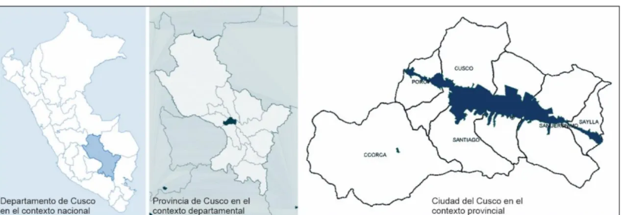 Ilustración 5. Ubicación de la ciudad del Cusco en el contexto nacional, departamental y provincial 