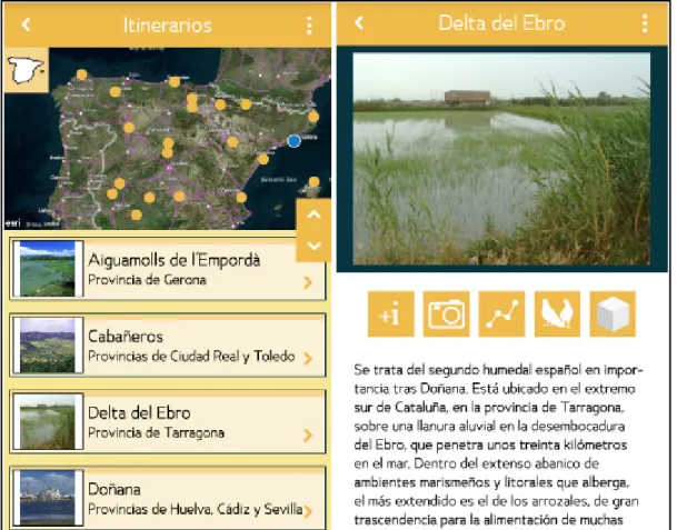 Fig. 8. Mapa digital y listado de enclaves ornitológicos de la pantalla itinerarios y ficha informativa del enclave  escogido