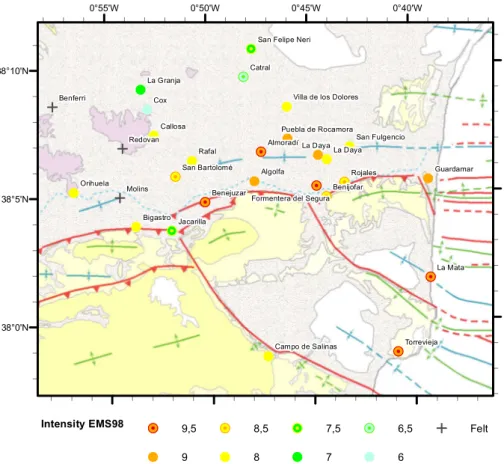 Fig. 10. Geological map of the Bajo Segura basin (Alfaro et al., 2002a, b) showing the distribution of the intensity data points of the