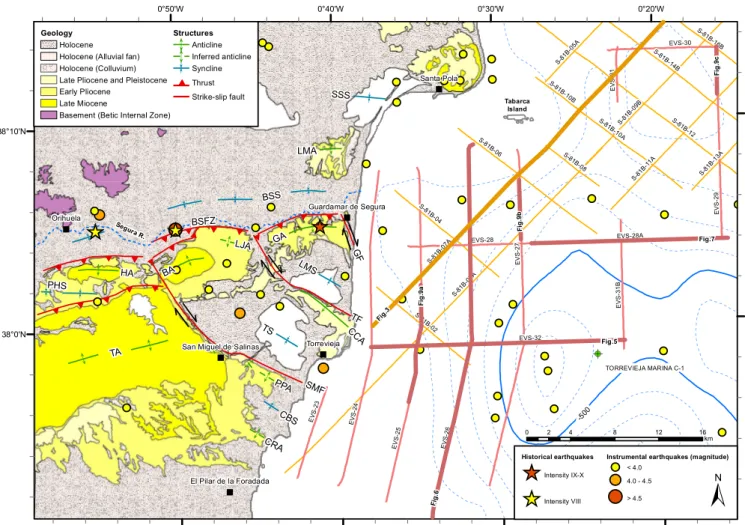 Fig. 2. Bathymetric (dashed blue lines with contour interval 100 m) and geological (Alfaro et al., 2002a, b) map of the Bajo Segura basin.