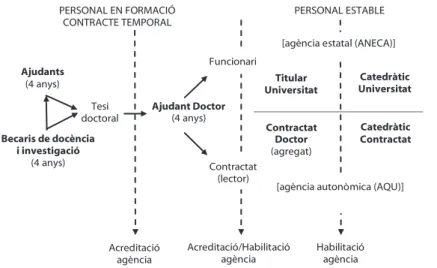 Figura 1. Esquema i vies d’accés a les figures contractuals i funcionals de la carrera   docent i universitària 