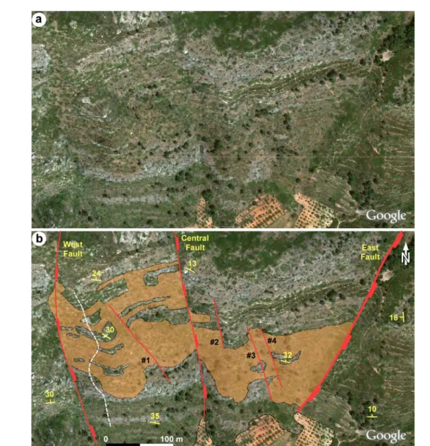 Fig. 4. Raw Google Earth image of the study area (a) and interpreted pair (b) showing the distribution of dolostones  (brown area) and bounding faults (red lines)