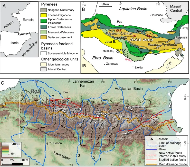 FiGuRE 1. A) Location of the Pyrenees. B) Geological map of the Pyrenees and surrounding areas modified from Vergés et al