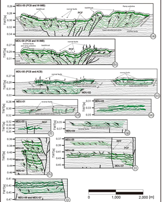 Figure 7. Detail of the sedimentary deformed wedge (MDU) internal structure interpreted in SL ‐05, SL‐06, and SL‐07 seismic proﬁles (see location