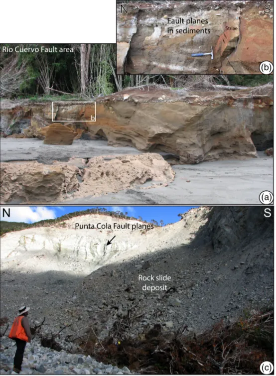 Figure 2. (a, b) Holocene littoral sediments cut by the Río Cuervo Fault in the northern shore of the Aysén