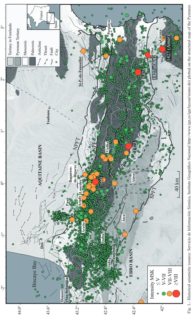 Fig. 1.- Historical seismicity (source: Servicio de Información Sísmica, Instituto Geográfico Nacional http://www.ign.es/ign/layout/sismo.do) plotted on the structural map of the Pyrenees  (modify after Barnolas and Chiron, 1996)