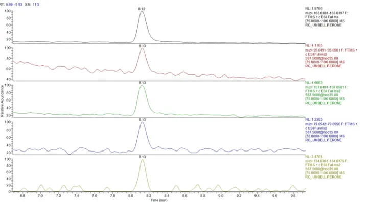 Fig.  2. Manual check with Xcalibur for peak shape and retention time ﬁtting of precursor and transitions