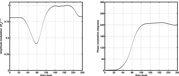 Figure 2: Modulation response for the Holoeye display: (a) amplitude and (b) phase.