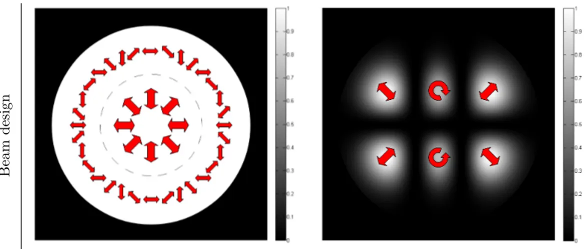 Figure 5: Examples of ASPB intensity patterns: (a) Constant amplitude with radial and star-like polarization, (b) Hermite-Gauss mode (2,1) combining linear and circular polarization.